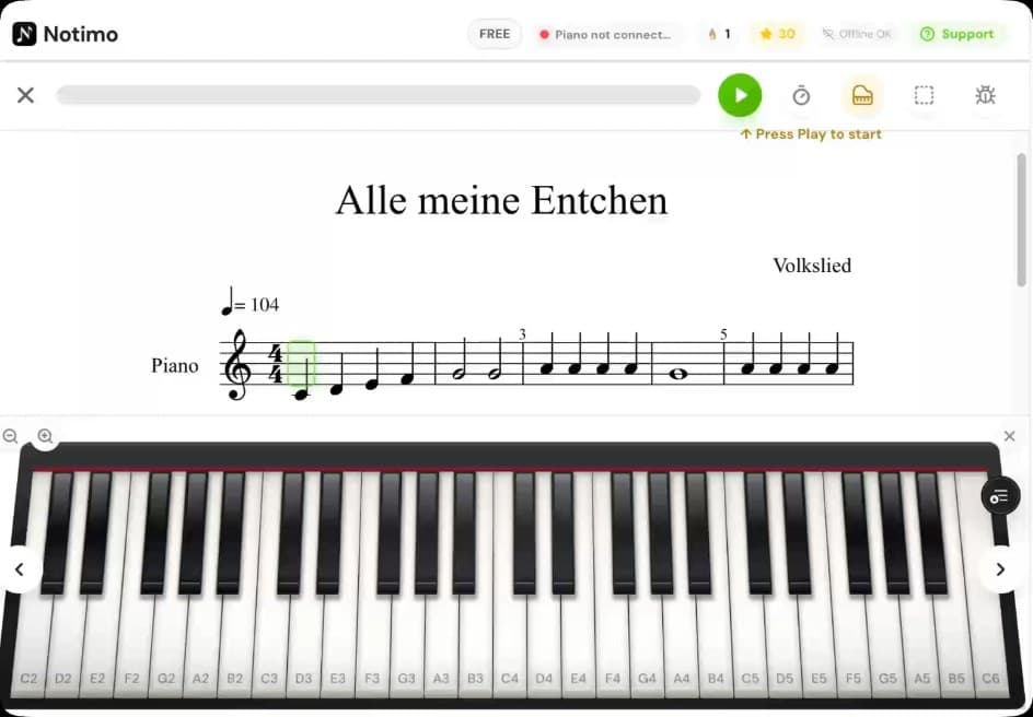 Ein iPad zeigt Notimo: oben das Notenblatt, darunter die Klaviatur